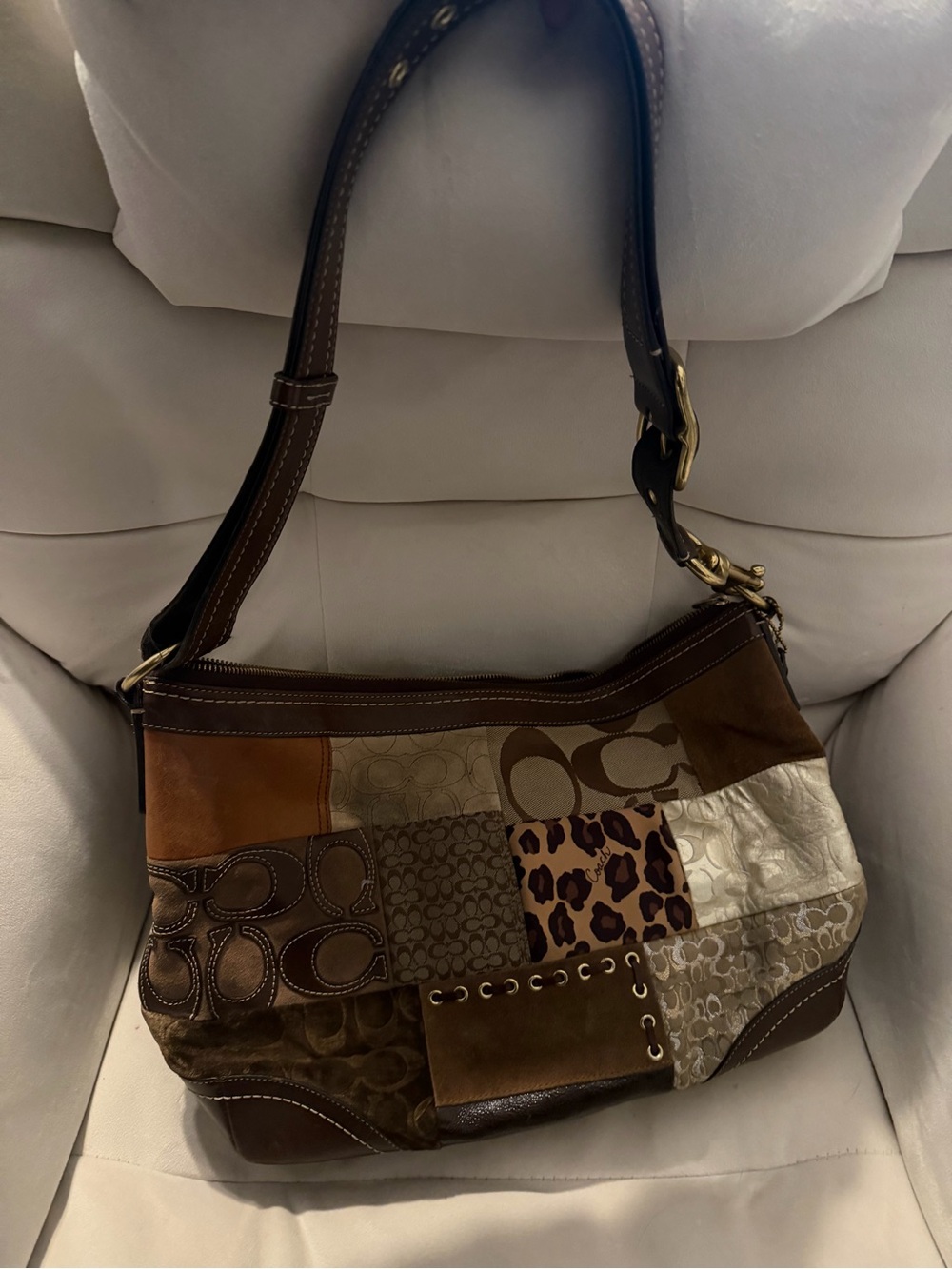 Coach Brown Multi Patchwork Shoulder Bag with Leopard Accent